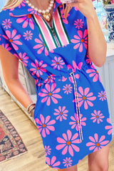 Floral Print Zip Collar Drawstring Summer Mini Dress OutfitFlow