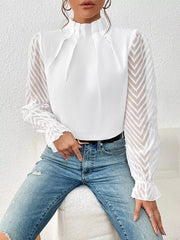 Mock Neck Sheer Lace Sleeve Blouse OutfitFlow