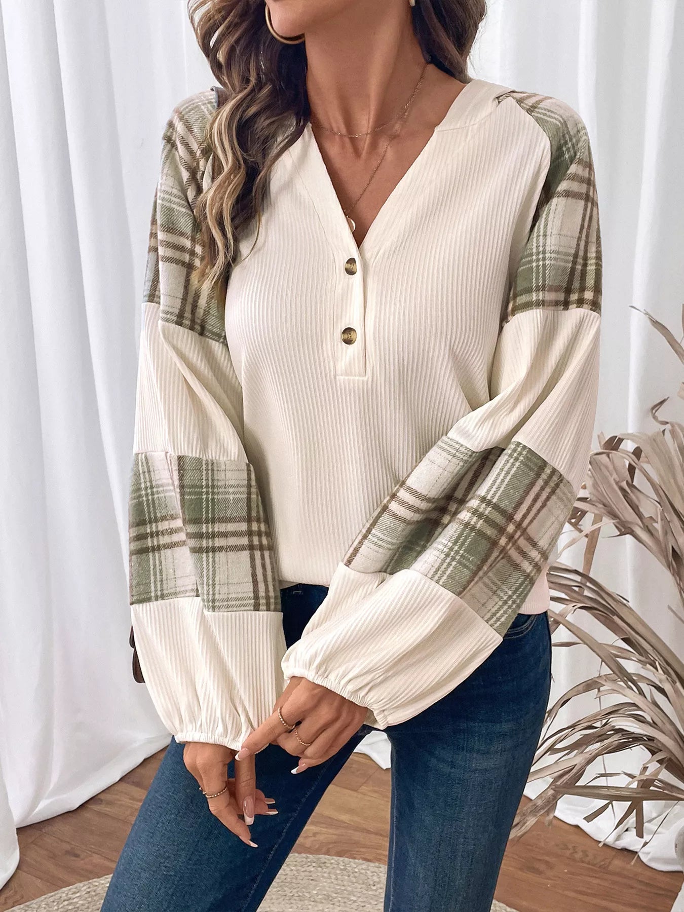 Plaid V-Neck Button Front Sweatshirt OutfitFlow