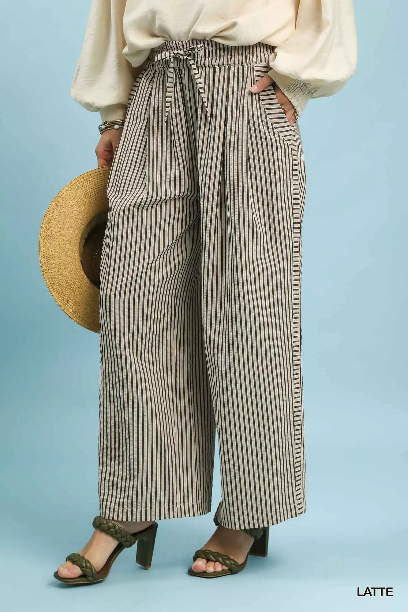Umgee Drawstring Striped Wide-Leg Pants Trendsi