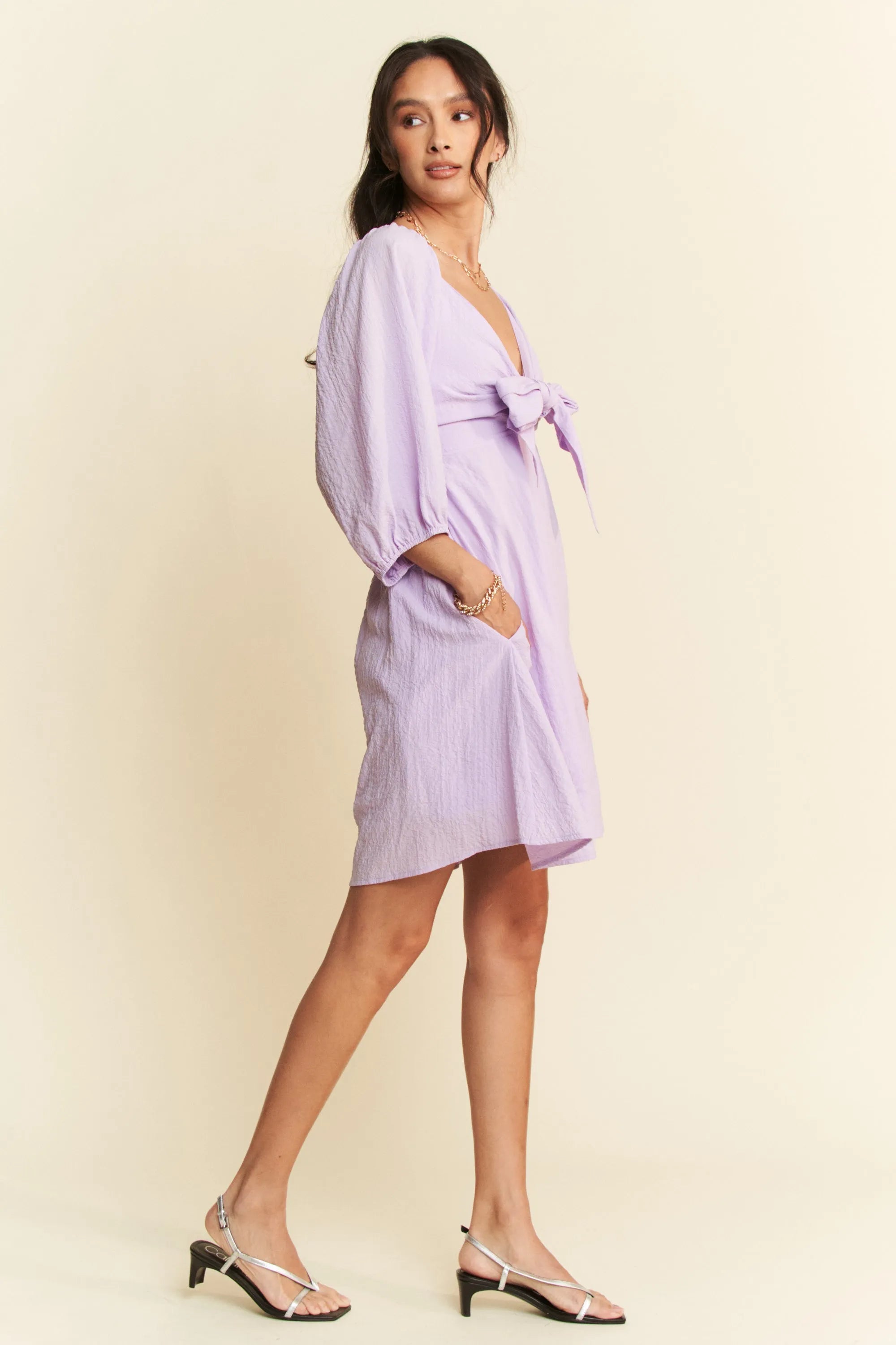 Davi & Dani Self-Tie Puff Sleeve Smocking Open Back Mini Dress OutfitFlow