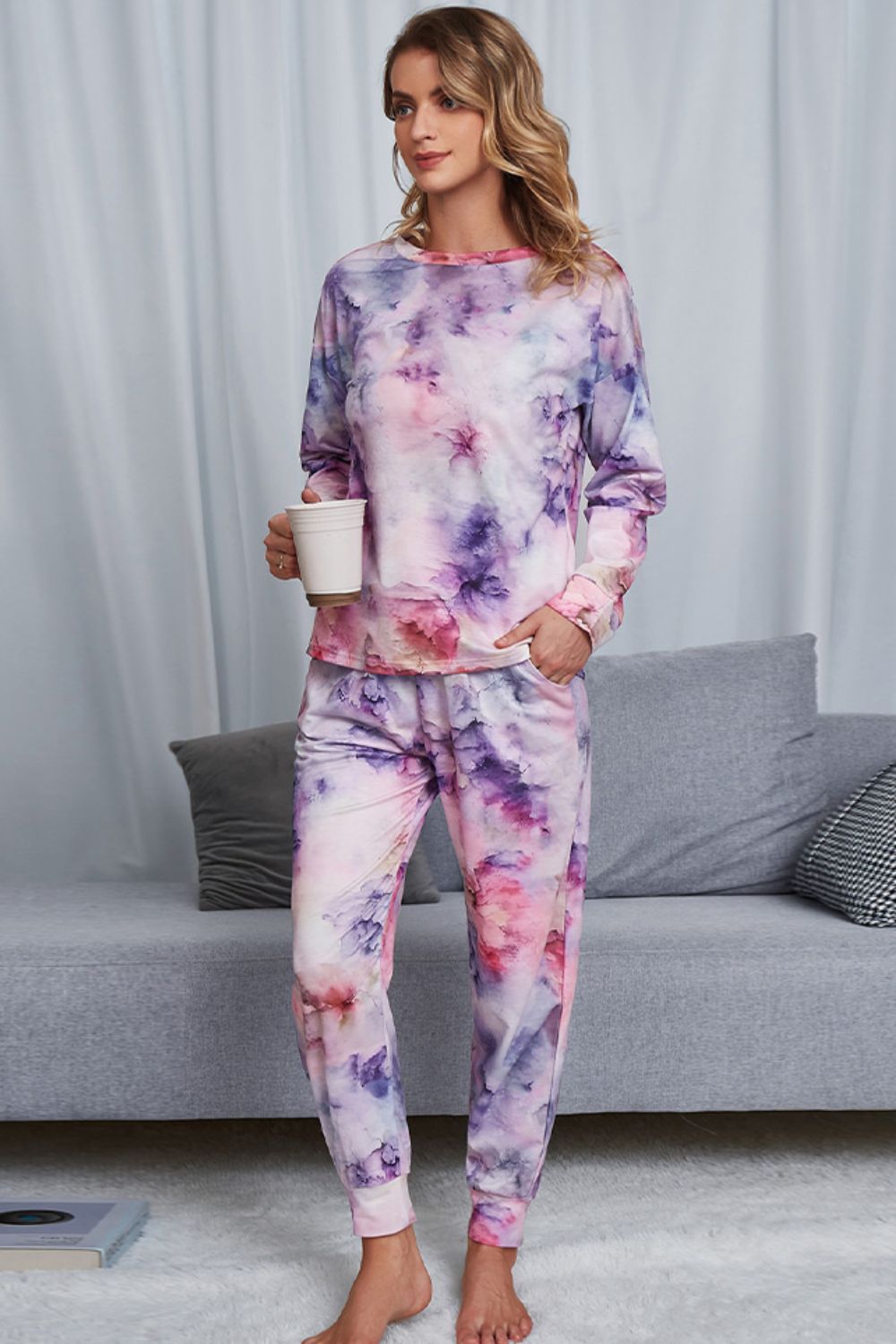 Outfit Flow - Shiny Tie-Dye Crewneck Top and Drawstring Waist Joggers Lounge Set