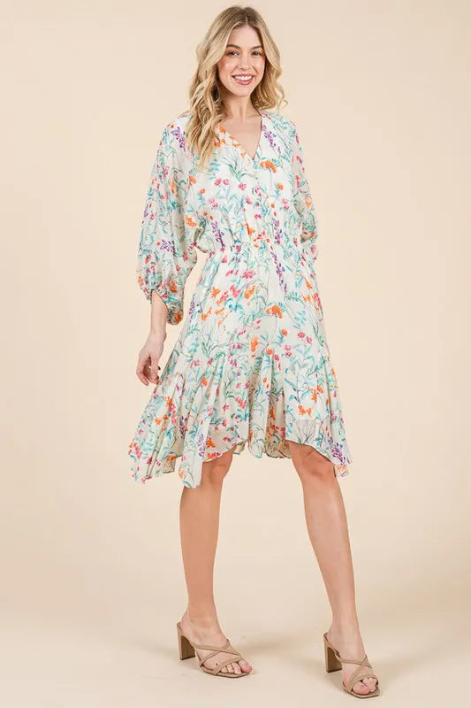 Lime 'N' Chili Floral Cinched Waist Balloon Sleeve V-Neck Dress OutfitFlow