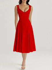 Scalloped V-Neck Midi Dress with Back Lace-Up Red OutfitFlow