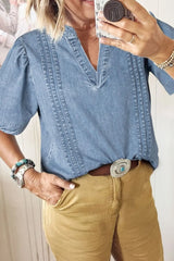 Casual Notched Puff Sleeve Denim Top OutfitFlow