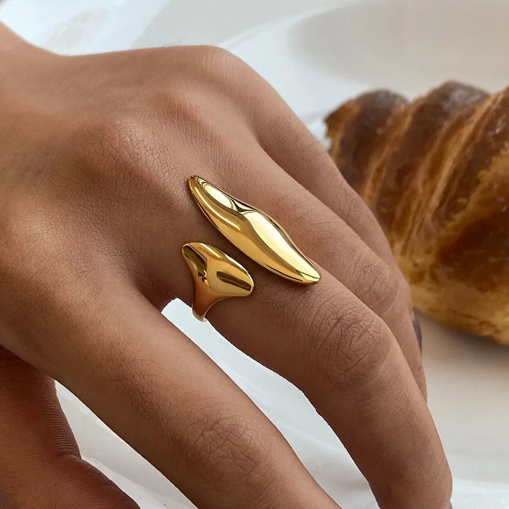 Stainless Steel Abstract Double Leaf Ring Gold One Size OutfitFlow