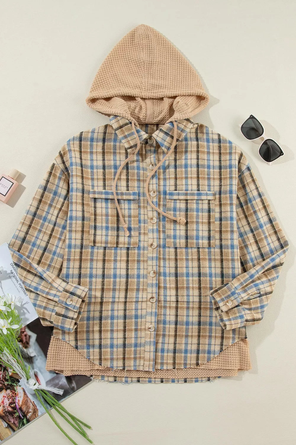 Plaid Drawstring Hooded Flannel Jacket OutfitFlow