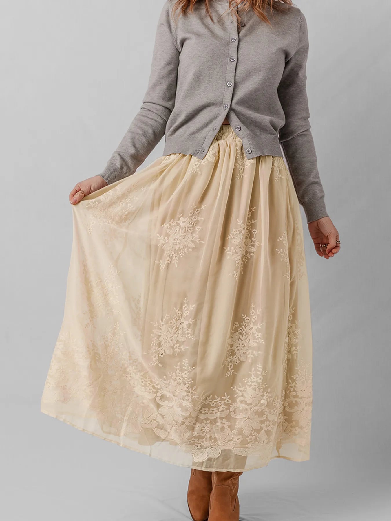 Embroidered Mesh Overlay Flowy Midi Skirt OutfitFlow