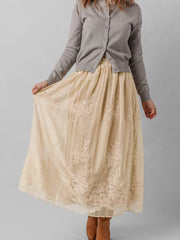 Embroidered Mesh Overlay Flowy Midi Skirt OutfitFlow