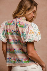 BiBi Ruffle Neckline Blouse With Embroidery Bubble Sleeve OutfitFlow
