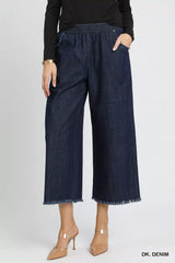 Umgee Washed Fringe Hem Wide Leg Jeans DK. DENIM OutfitFlow