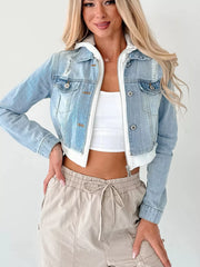 Distressed Zip Up Cropped Hooded Denim Jacket Light Blue White OutfitFlow
