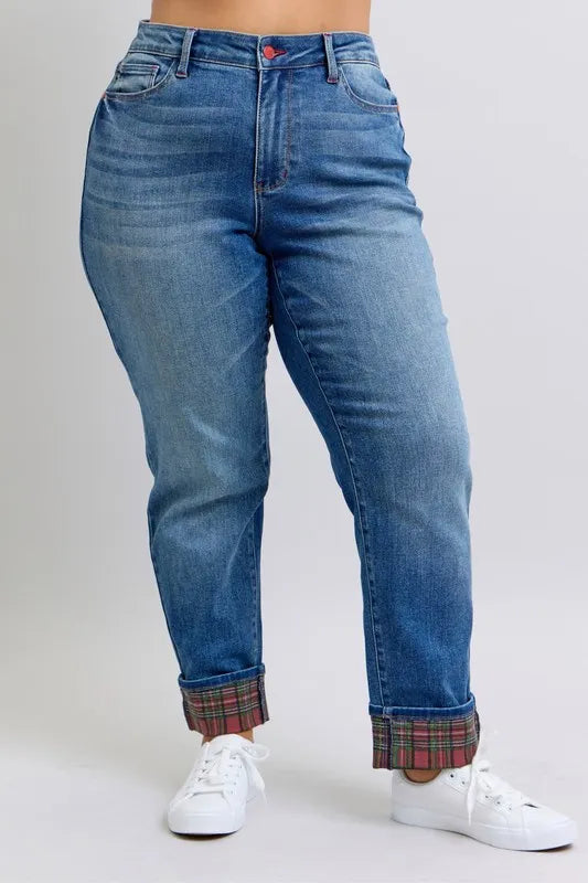 Judy Blue Full Size Mr Plaid Print Cuff Bf Jeans Plus Size OutfitFlow