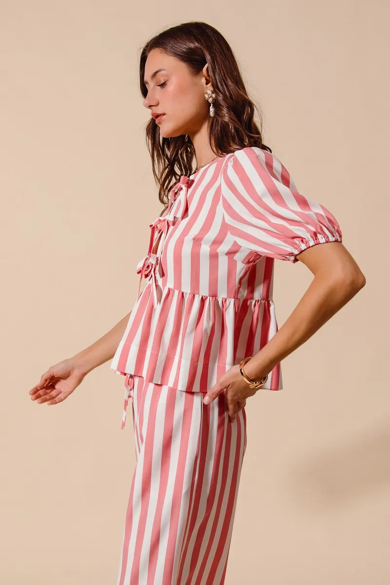SO ME Front Tie Stripe Top With Puff Sleeves and Wide Leg Pants Set OutfitFlow