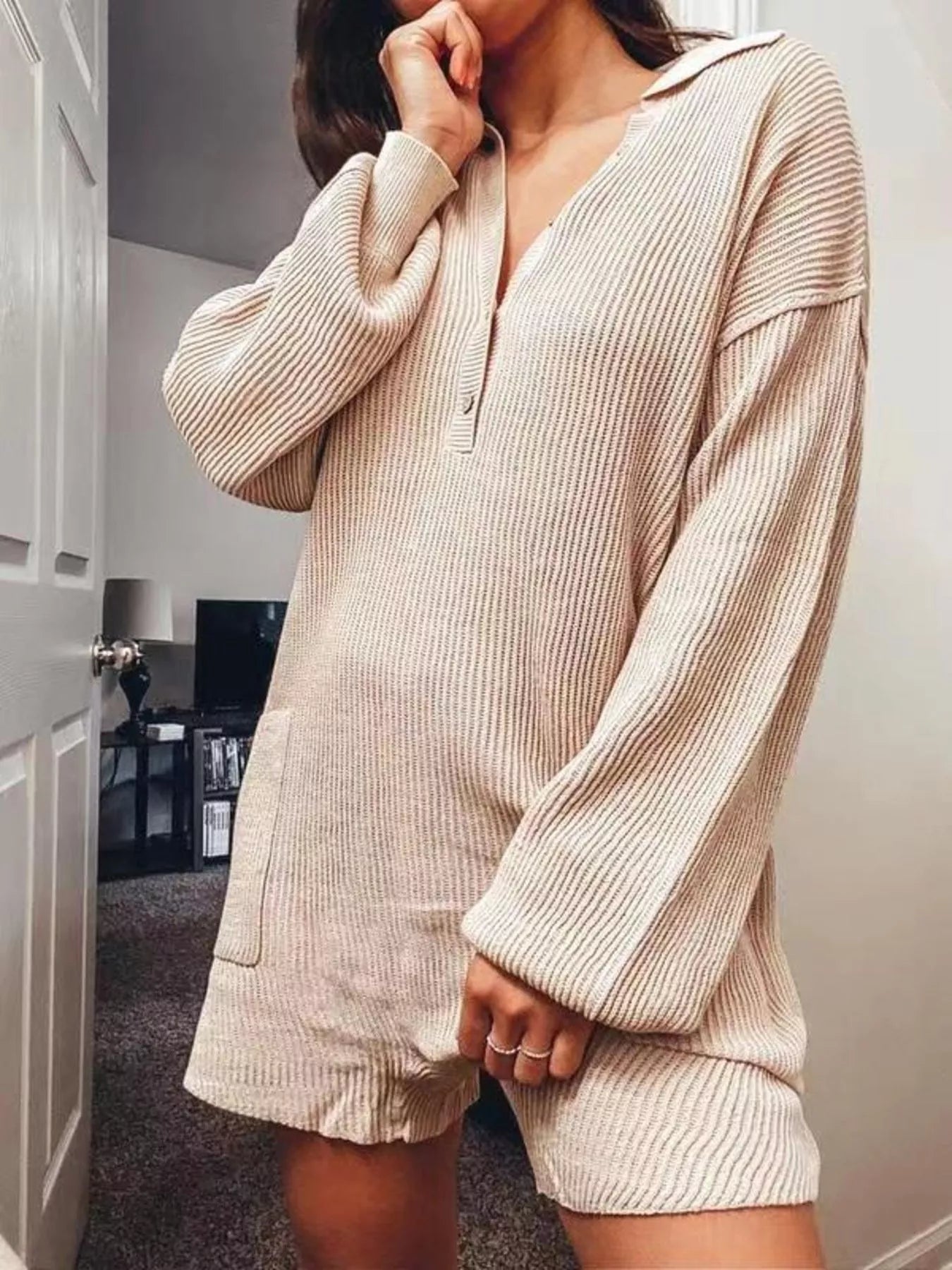 Ribbed Knit Long Sleeve Romper Beige OutfitFlow