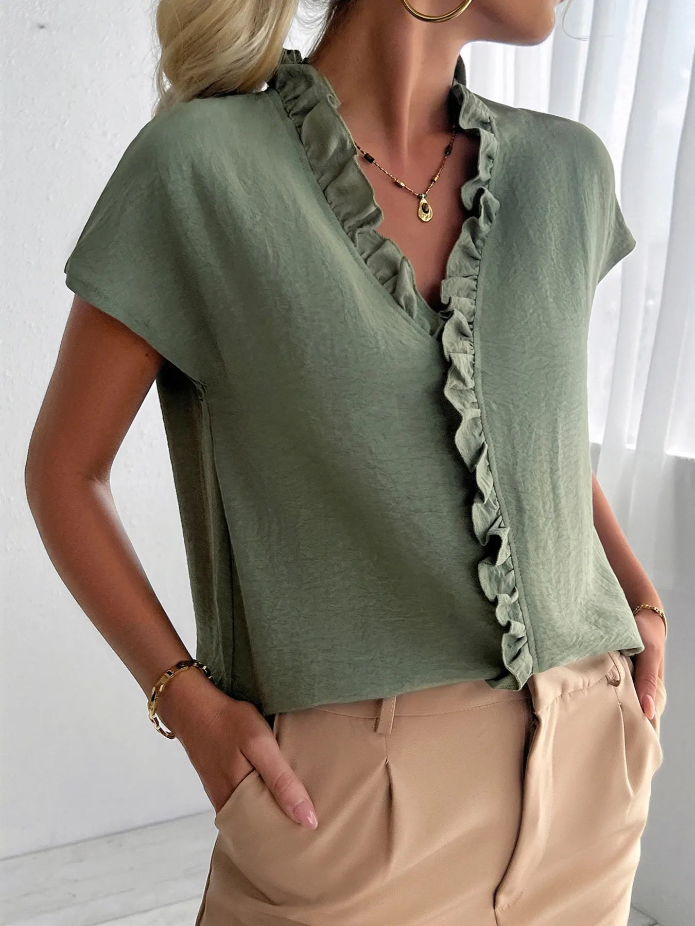 Ruffled V-Neck Short Sleeve Blouse OutfitFlow