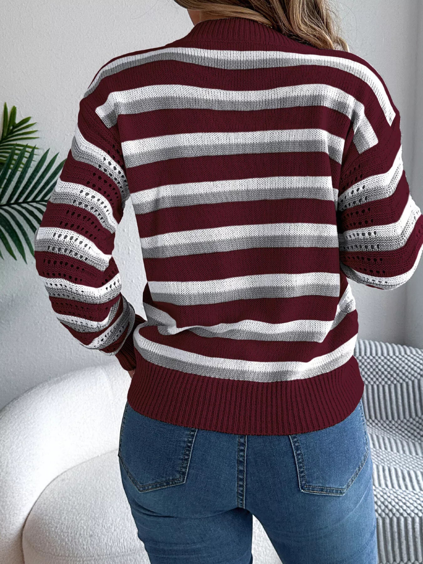 Striped Round Neck Long Sleeve Sweater OutfitFlow