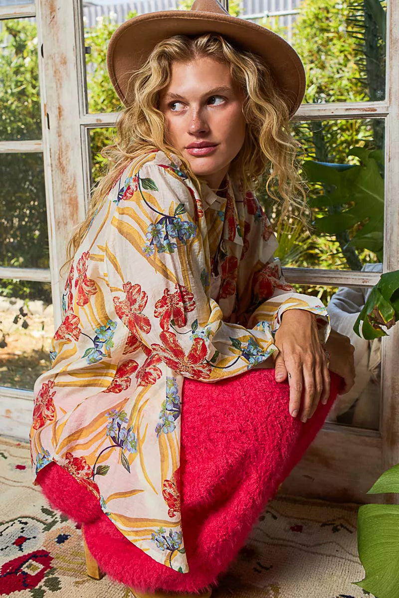 POL Floral Print Button Down Long Sleeve Shirt OutfitFlow