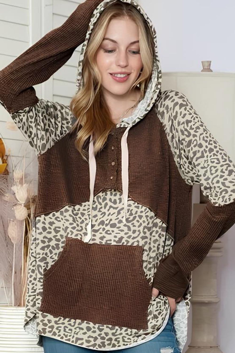 Outfit Flow - Leopard Ribbed Patchwork Drawstring Hoodie