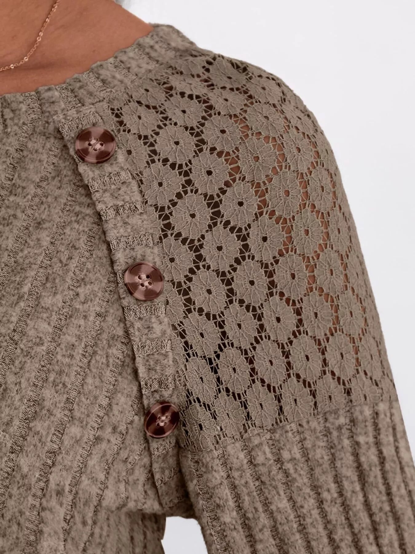 Ribbed Knit T-Shirt with Lace Shoulder Detail OutfitFlow