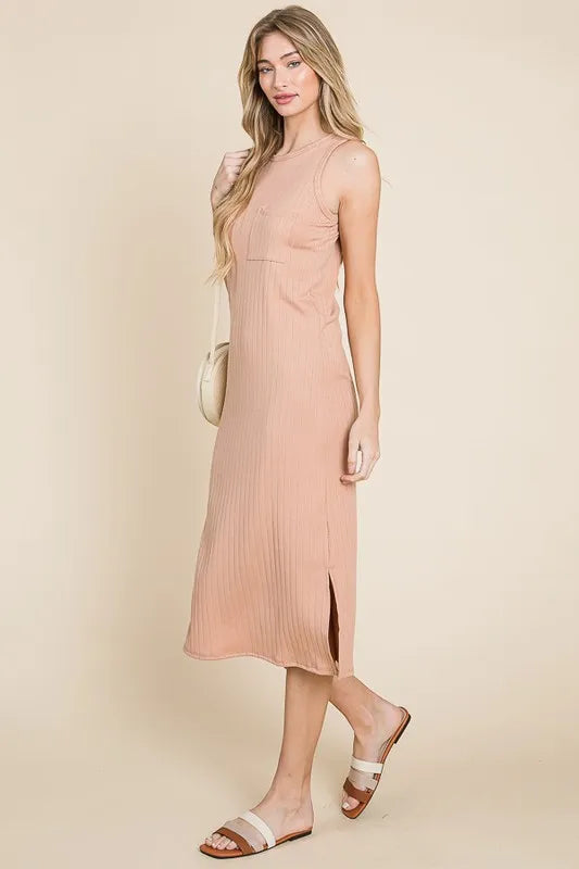 BOMBOM Ribbed Knit Sleeveless Midi Dress OutfitFlow