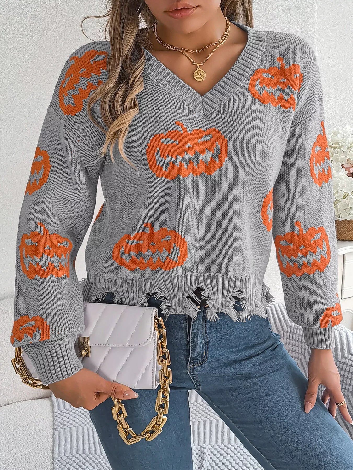 Halloween Pumpkin Pattern Raw Hem V-Neck Sweater OutfitFlow