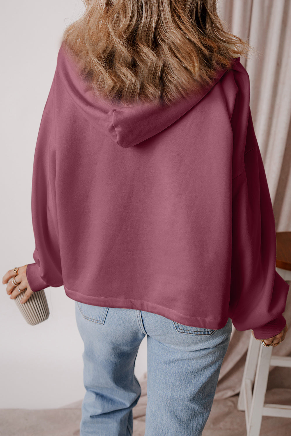 Pocketed Half Zip Dropped Shoulder Hoodie OutfitFlow