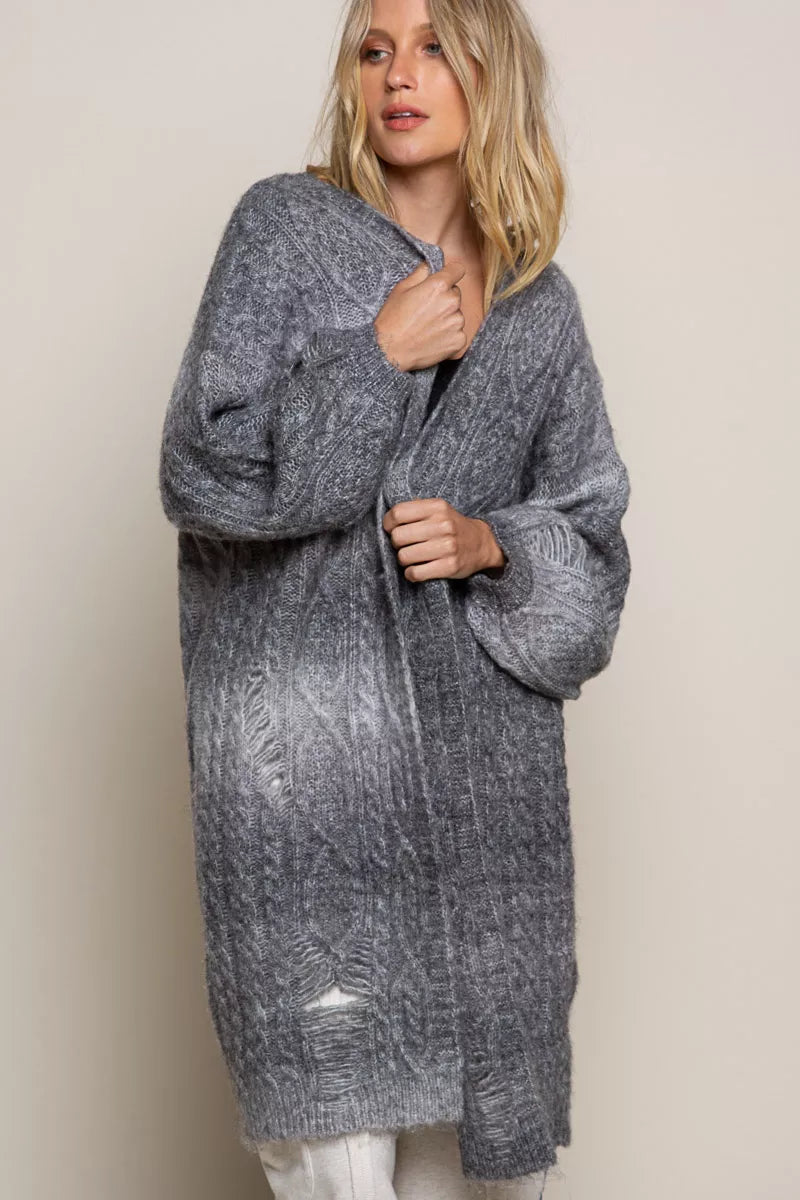 POL Distressed Cable-Knit Ombre Dying Cardigan COOKIES AND CREAM Trendsi