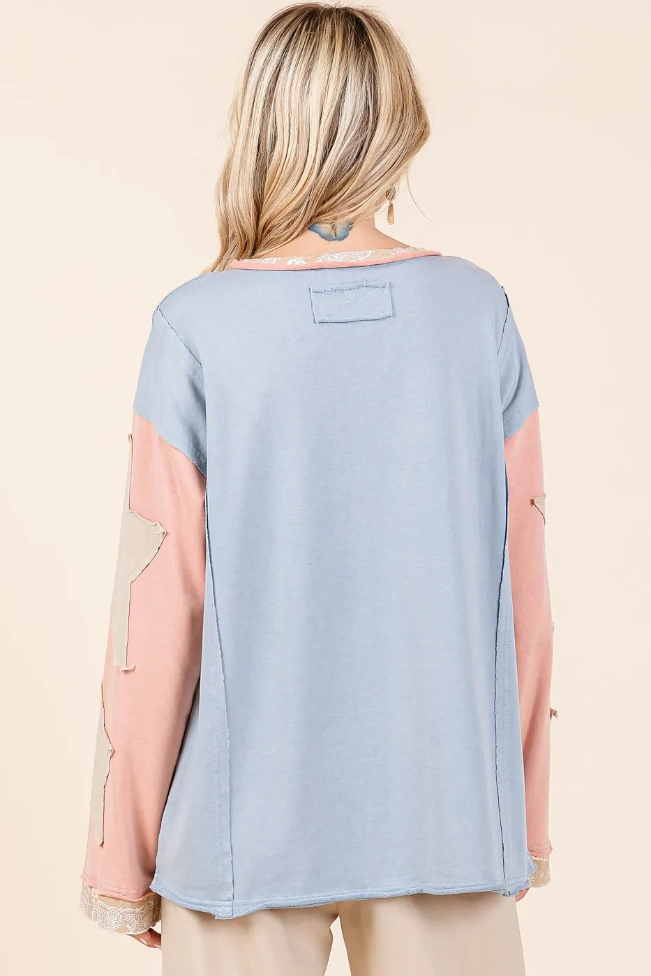 Mittoshop Star Patch Long Sleeve Colorblock Mineral Wash Top OutfitFlow
