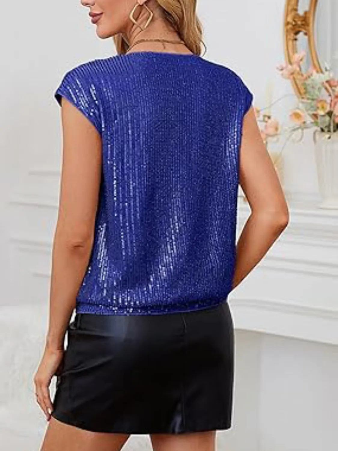 V-Neck Sequin Cap Sleeve Top OutfitFlow