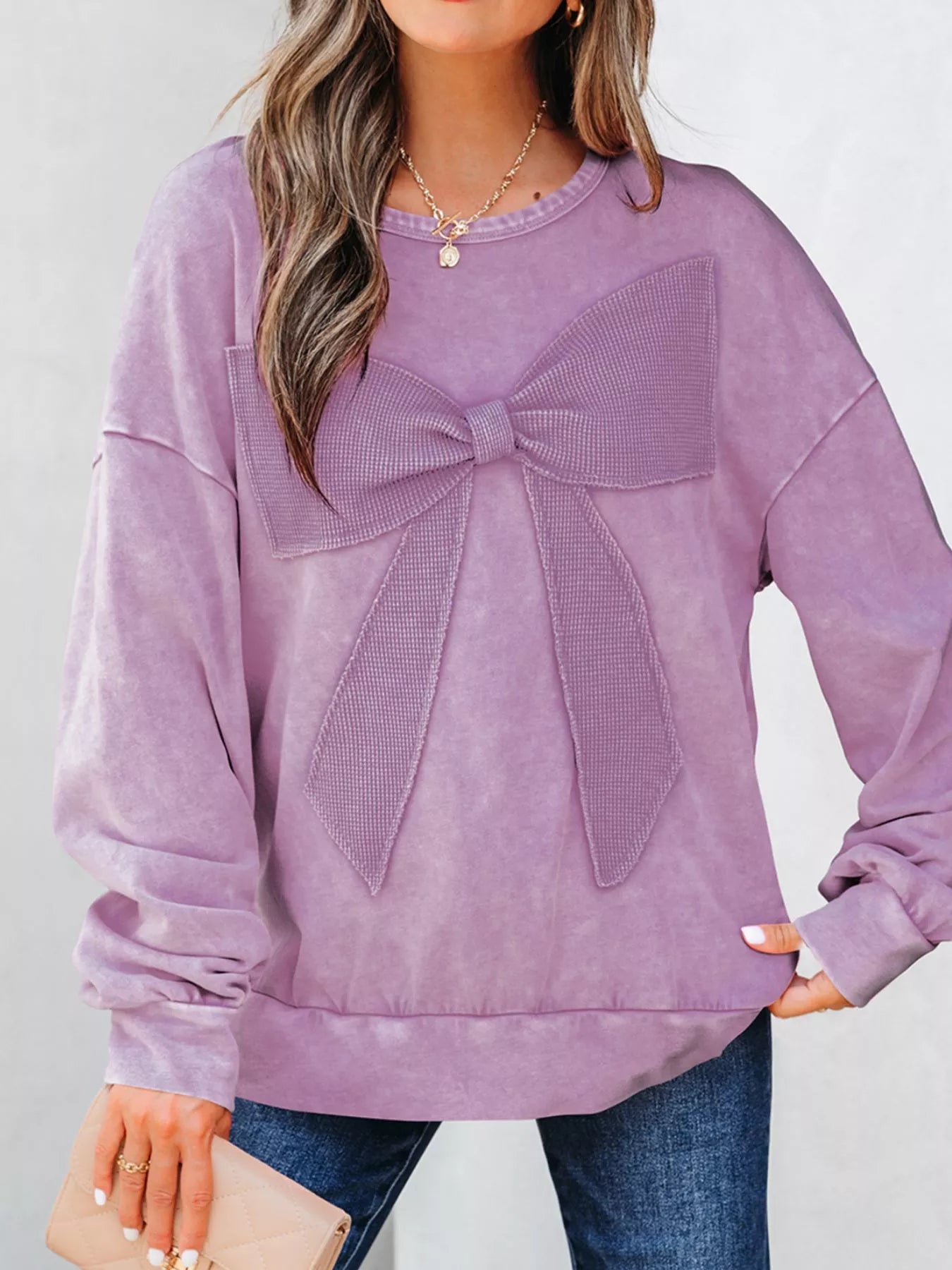 Mineral Wash Bow Patchwork Sweatshirt Lilac OutfitFlow