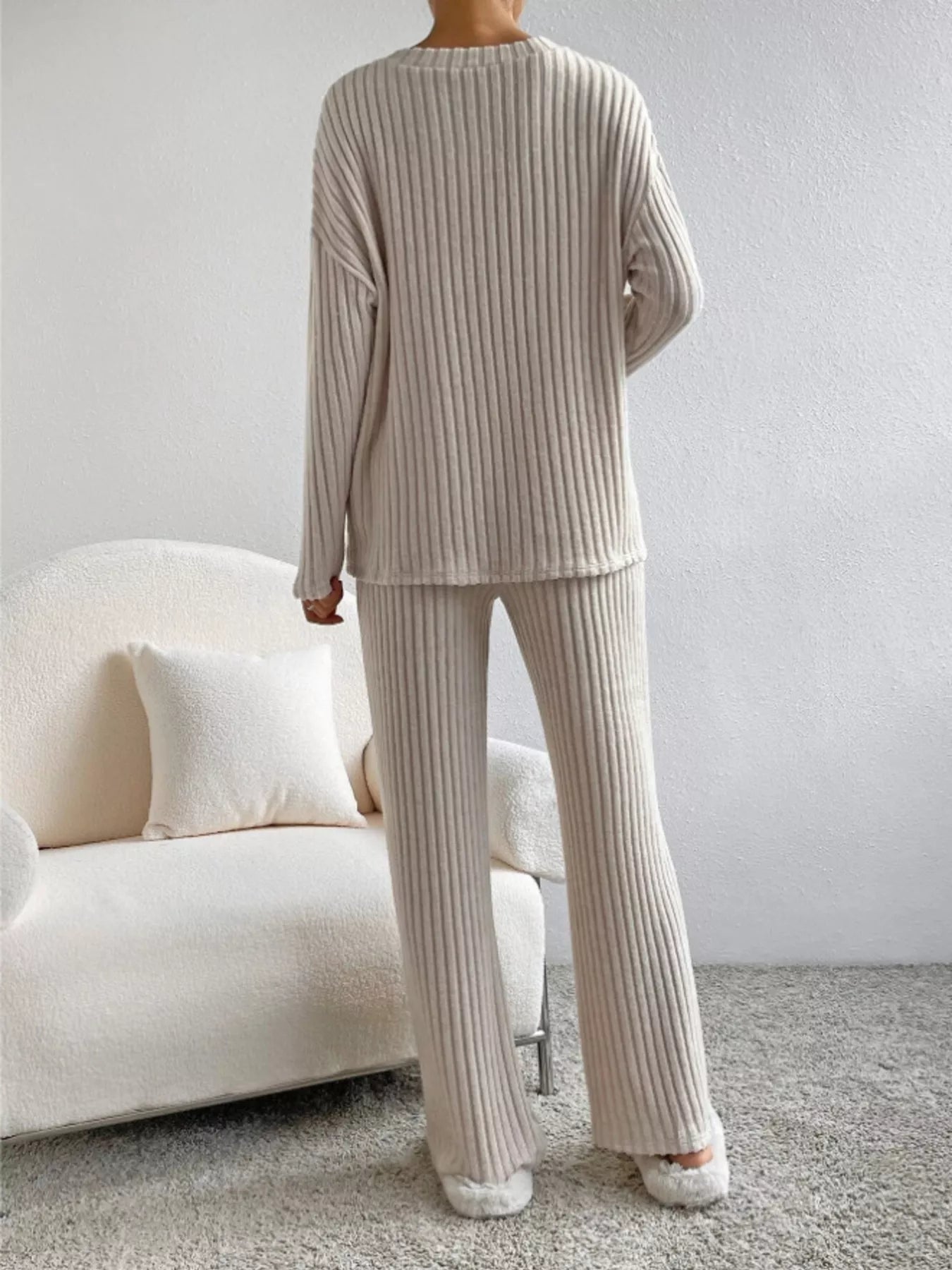 Ribbed Knit Long Sleeve Top and Pants Set OutfitFlow