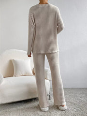 Ribbed Knit Long Sleeve Top and Pants Set OutfitFlow