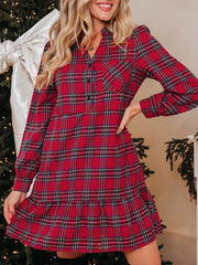 Plaid Shirt Collar Half Button Ruffle Hem Long Sleeve Mini Dress OutfitFlow