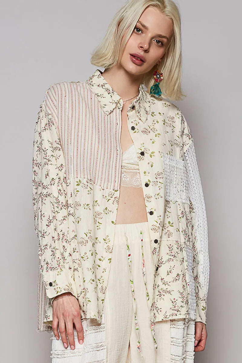POL Lace Patchwork Floral Button-Up Shirt NATURAL MULTI OutfitFlow