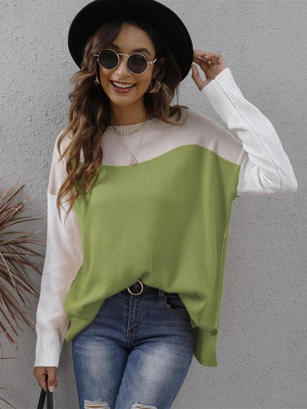 Color Block Round Neck Sweater OutfitFlow