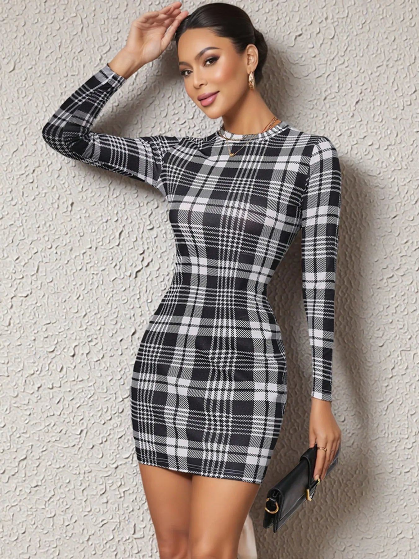 Long Sleeve Plaid Bodycon Mini Dress OutfitFlow