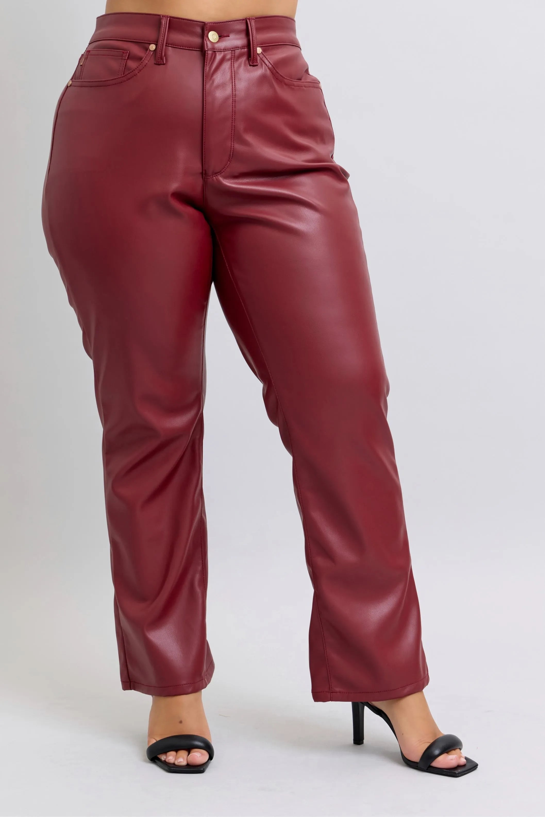 Judy Blue Full Size High Waist Tummy Control Faux Leather Straight Pants Plus Size OutfitFlow