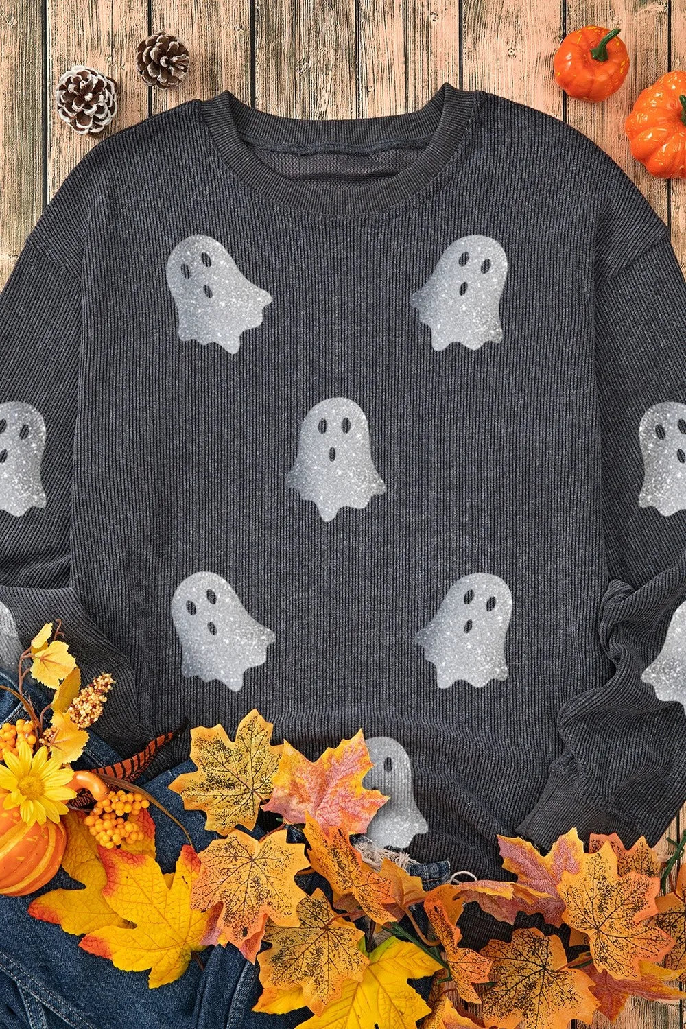 Glitter Ghost Round Neck Long Sleeve Sweatshirt OutfitFlow