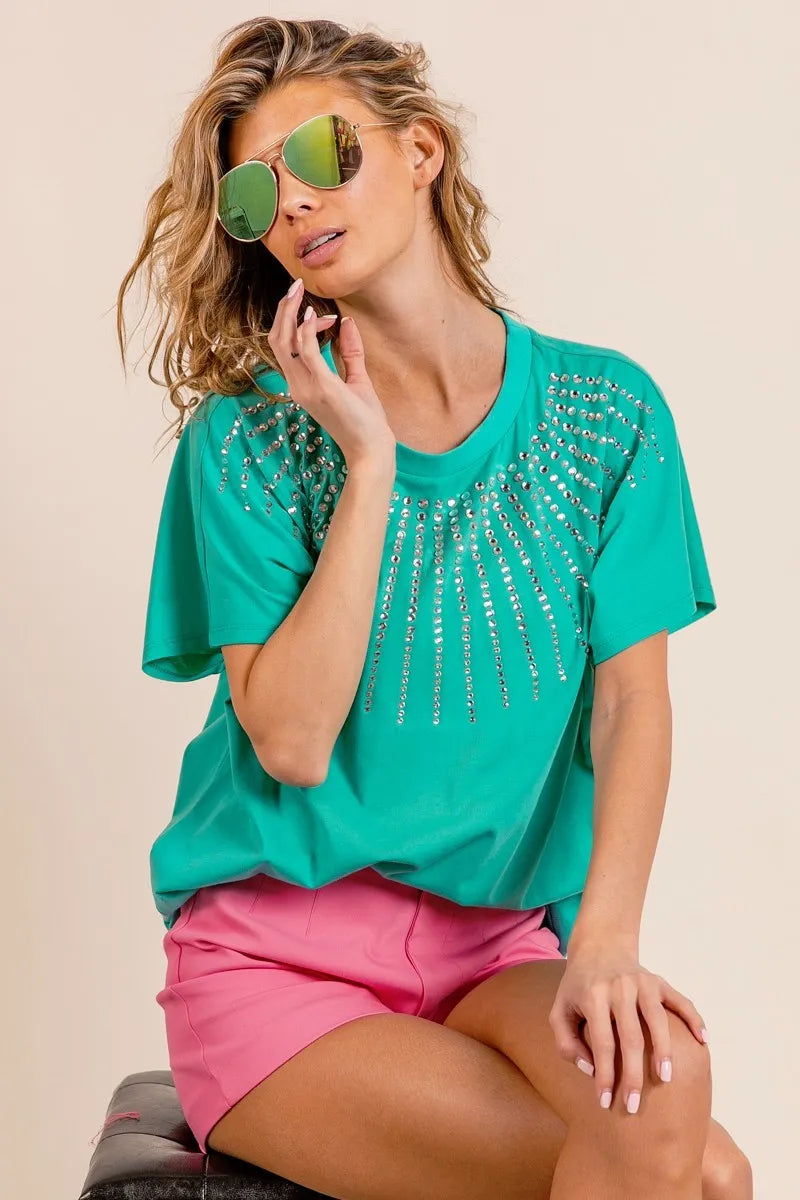 BiBi Rhinestone Beaded Short Sleeve Top OutfitFlow