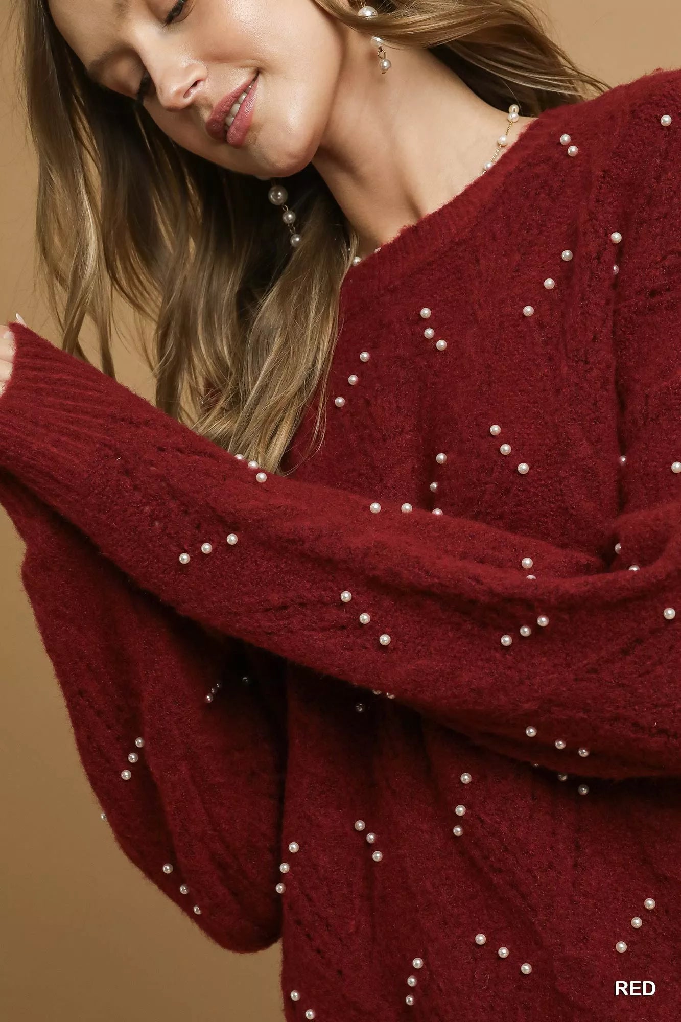 Umgee Pearl-Embellished Long Sleeve Sweater Trendsi