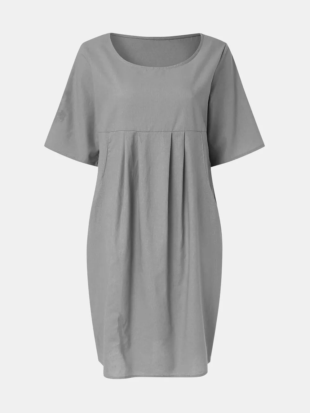Full Size Round Neck Half Sleeve Dress with Pockets Gray OutfitFlow