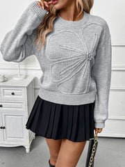 Flower Round Neck Long Sleeve Sweater OutfitFlow