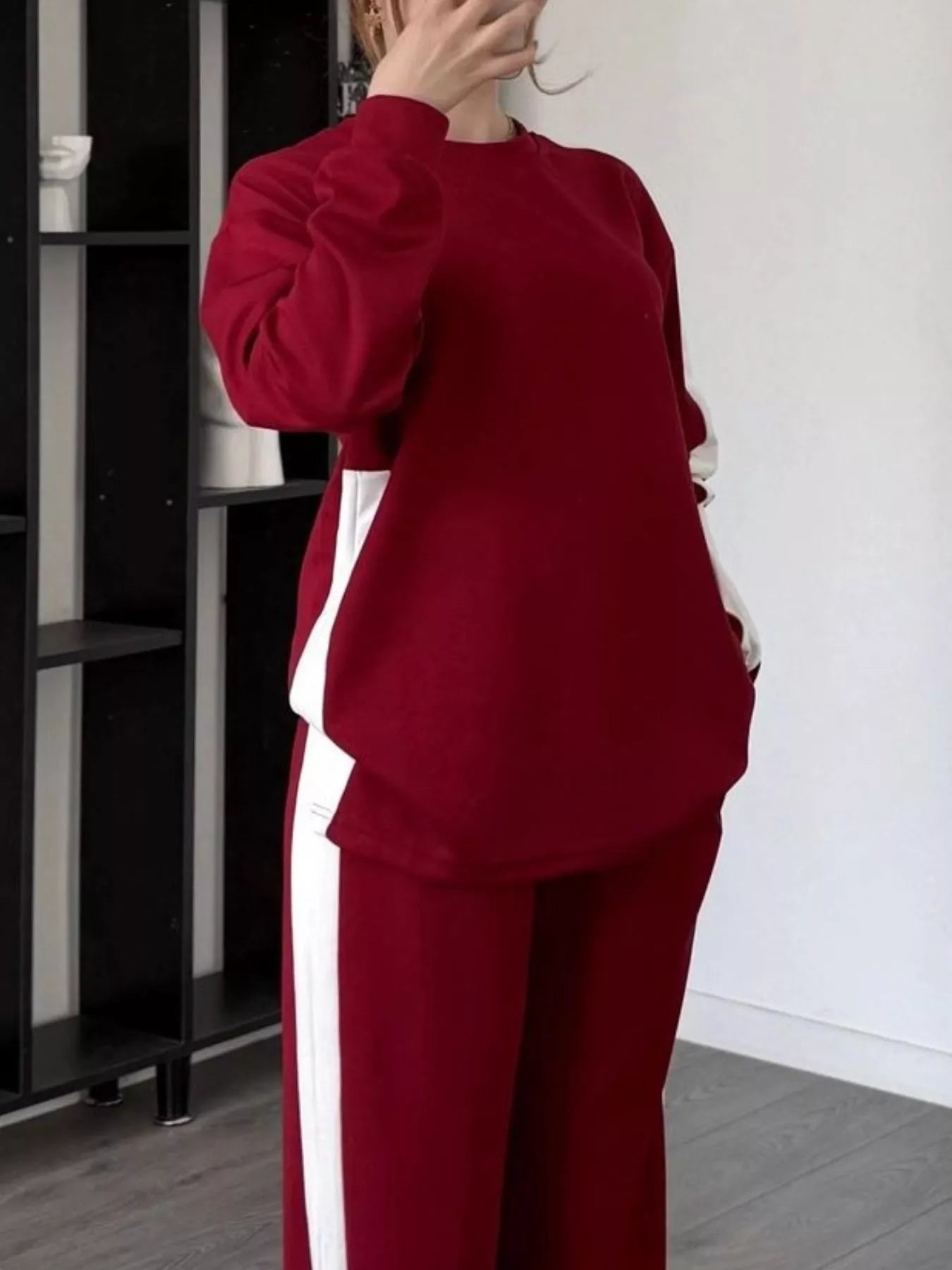 Full Size Contrast Round Neck Top and Pants Set Plus Size OutfitFlow