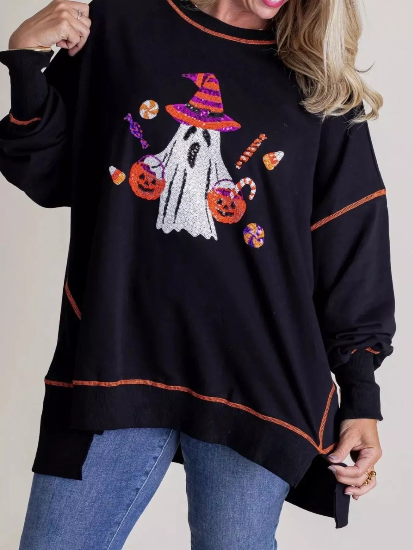 Halloween Ghost Sequin Exposed Seam Sweatshirt OutfitFlow