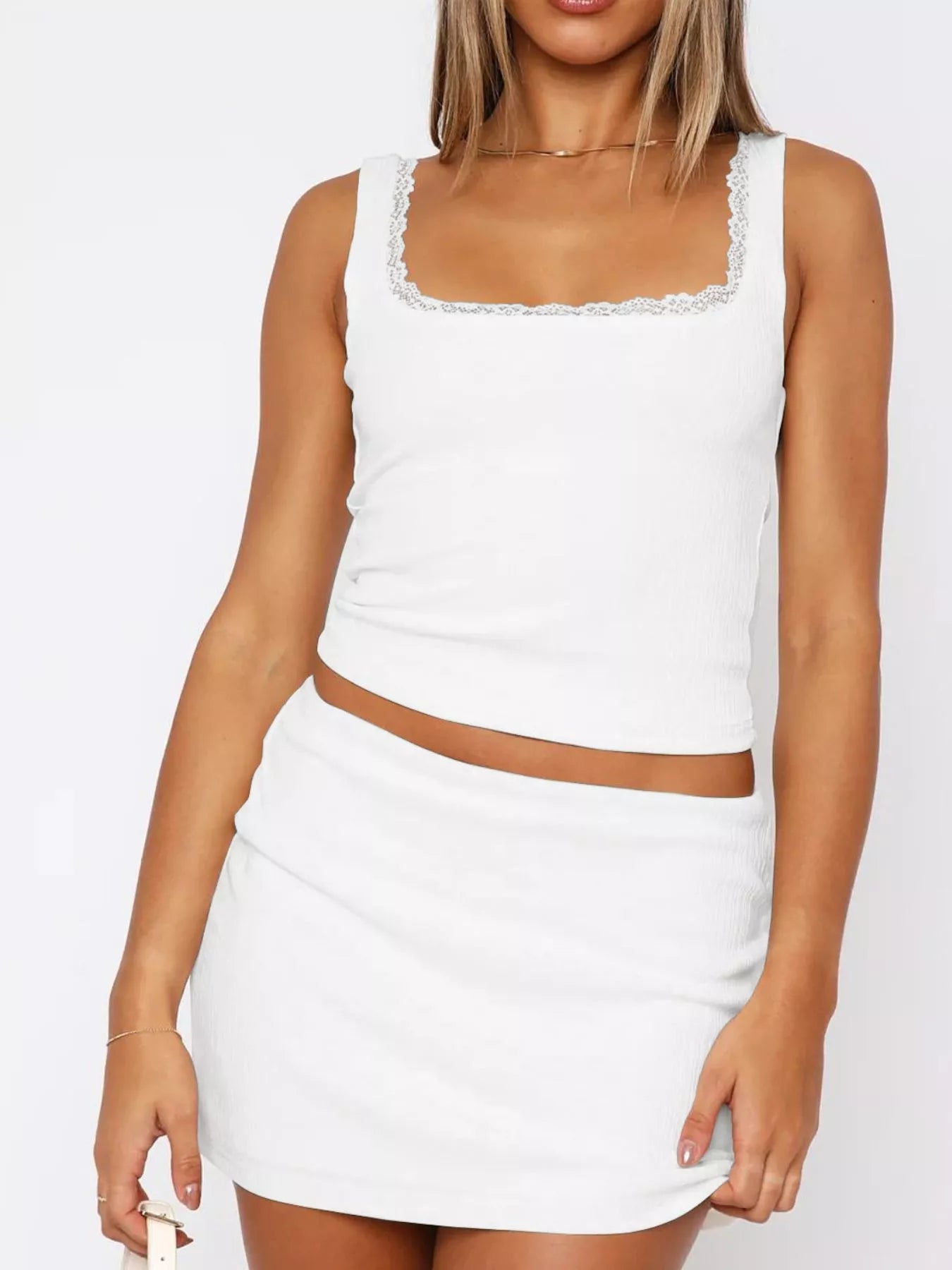 Lace Detail Square Neck Tank and Skirt Set OutfitFlow