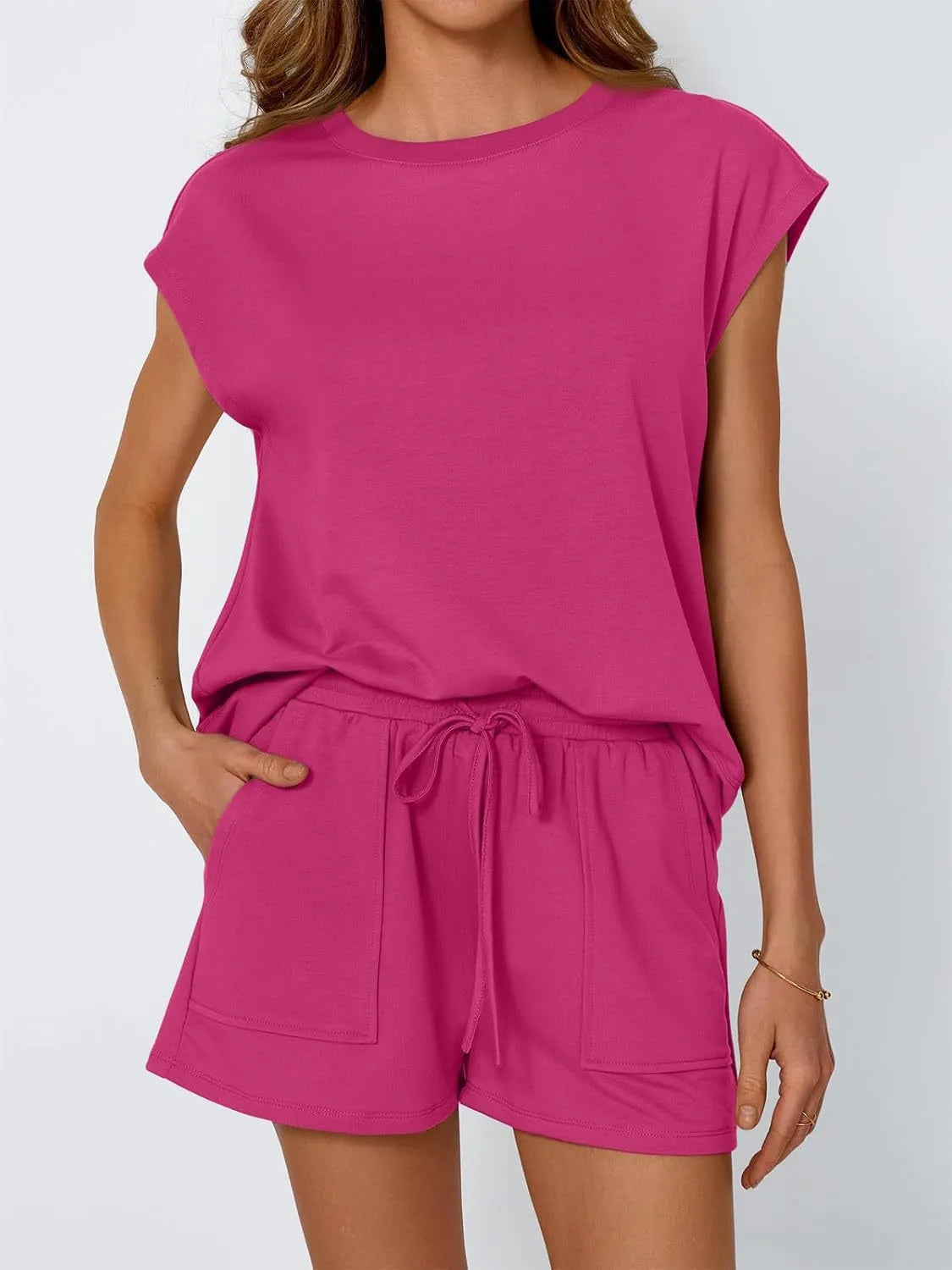 Round Neck Cap Sleeve Top and Shorts Set Fuchsia Pink OutfitFlow