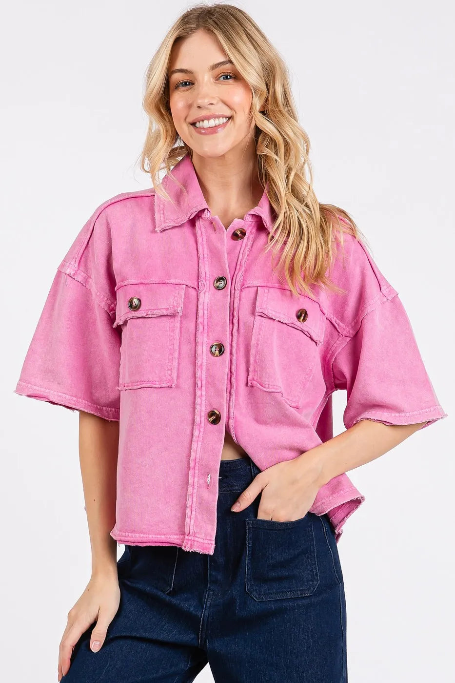 Mittoshop Mineral Wash Boxy Short Sleeve Button Down Shirt BUBBLEGUM OutfitFlow