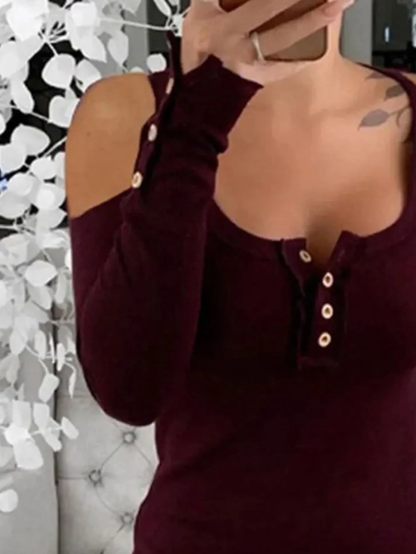 Cold Shoulder Ribbed Henley T-Shirt with Button Detail OutfitFlow
