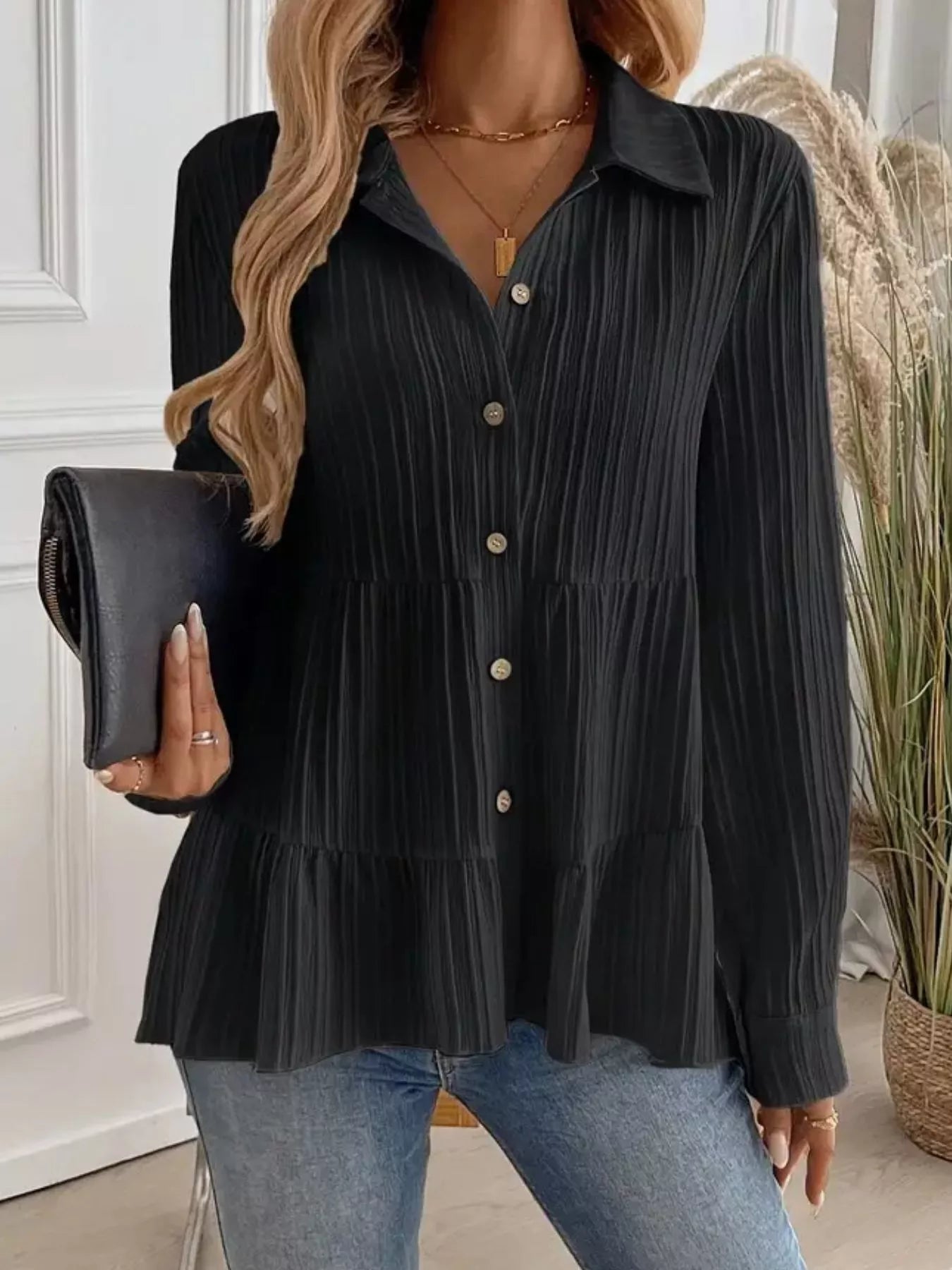 Button-Down Long Sleeve Tiered Shirt OutfitFlow